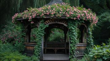 ai generado un encantador Kiosko adornado con cascada hiedra y delicado rosas foto