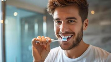 AI generated A handsome young man brushes his teeth and looks smiling at his reflection in the mirror photo