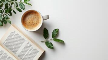 ai generado un minimalista representación de un abierto libro y un taza de café en un blanco antecedentes foto