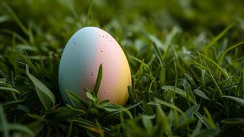 AI generated A minimalist Easter egg painted in pastel shades, resting on a bed of fresh green grass photo