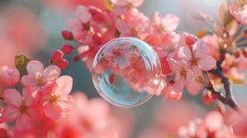 ai generado un minimalista Disparo de un claro burbuja flotante en contra un fondo de primavera flores foto