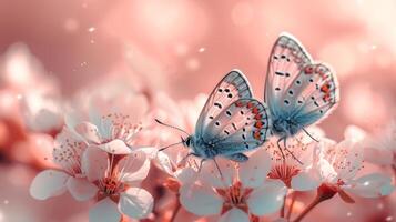 AI generated A pair of dainty butterflies dancing amidst tender blossoms. large copyspace area photo