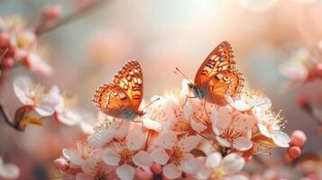 AI generated A pair of dainty butterflies dancing amidst tender blossoms. large copyspace area photo