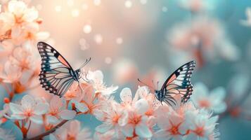 AI generated A pair of dainty butterflies dancing amidst tender blossoms. large copyspace area photo