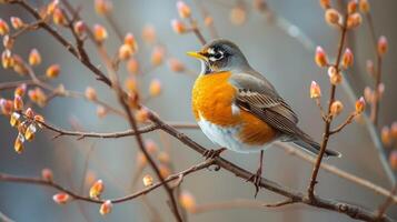 AI generated A robin perched on a bare branch, framed by budding twigs photo