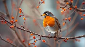 AI generated A robin perched on a bare branch, framed by budding twigs photo