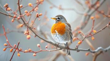 AI generated A robin perched on a bare branch, framed by budding twigs photo