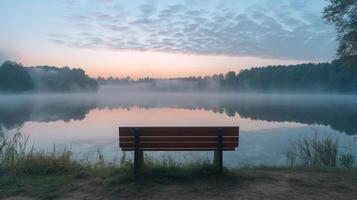 AI generated a bench overlooking a fog-covered lake at dawn, embodying Labor Day's quiet reflection photo