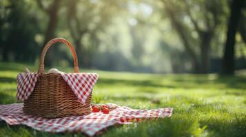 ai generado un picnic cesta en un guingán cobija foto