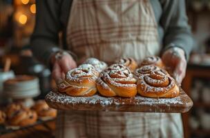 AI generated a woman holds cinnamon buns while preparing them in a kitchen photo