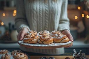 ai generado un mujer sostiene canela bollos mientras preparando ellos en un cocina foto