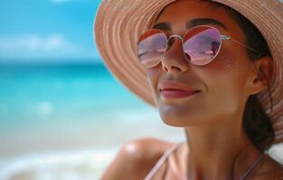 AI generated a woman with a hat and sun glasses is relaxing on beach photo