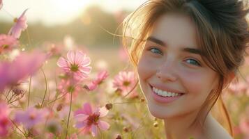 AI generated Amidst a garden of vibrant colors, her laughter fills the air, a celebration of the season photo