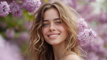 AI generated Amongst a backdrop of lilac blooms, her grin shines bright, capturing the essence of spring photo