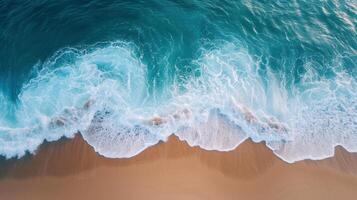 AI generated An aerial view of an empty beach, with the waves gently lapping at the shore photo