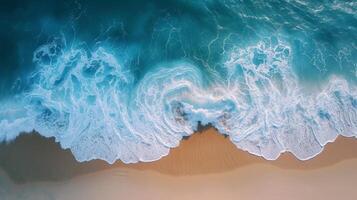 AI generated An aerial view of an empty beach, with the waves gently lapping at the shore photo