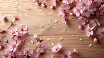 AI generated An overhead view of a light wooden table with a scattering of cherry blossoms photo