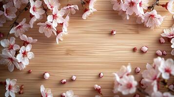 AI generated An overhead view of a light wooden table with a scattering of cherry blossoms photo