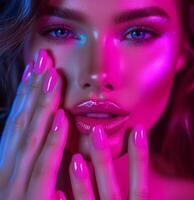 AI generated beautiful woman with bright pink nails holding hands photo