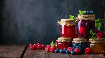 AI generated Minimalist compositions adorned with jars overflowing with ripe berry preserves photo