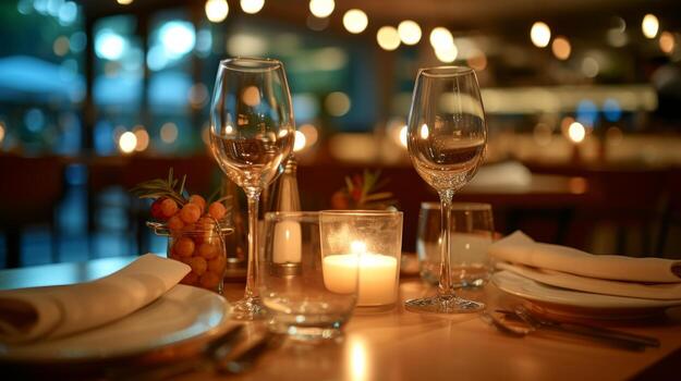 AI generated Modern restaurant settings exude romance with soft lighting and elegant table settings for intimate dinners photo