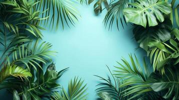 AI generated Tropical foliage arranged on clean surfaces, creating a refreshing and rejuvenating visual experience photo