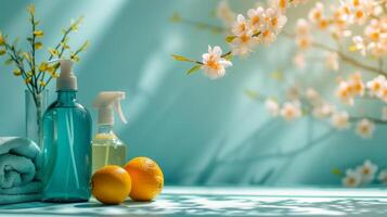 AI generated Clean and uncluttered backgrounds featuring spring cleaning items, evoking a tranquil atmosphere photo