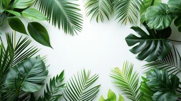 AI generated Tropical foliage arranged on clean surfaces, creating a refreshing and rejuvenating visual experience photo