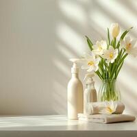 AI generated Clean and uncluttered backgrounds featuring spring cleaning items, evoking a tranquil atmosphere photo