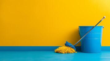 AI generated Minimalistic compositions featuring mops and buckets, creating a sense of clarity and freshness photo