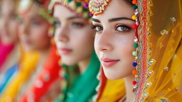 ai generado llamativo fotografias de Participantes vestido en tradicional indio atuendo adornado foto