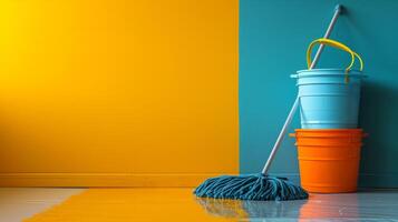 AI generated Minimalistic compositions featuring mops and buckets, creating a sense of clarity and freshness photo