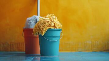 AI generated Minimalistic compositions featuring mops and buckets, creating a sense of clarity and freshness photo