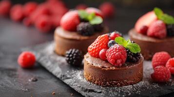 AI generated Indulgent sweet treats like chocolate and berry tarts are beautifully presented for a memorable finale photo
