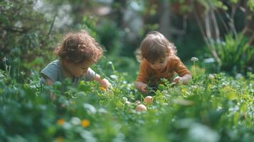 AI generated Playful scenes of children searching for hidden treasures amidst lush greenery on Easter Monday. photo