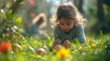 AI generated Playful scenes of children searching for hidden treasures amidst lush greenery on Easter Monday. photo