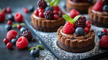 AI generated Indulgent sweet treats like chocolate and berry tarts are beautifully presented for a memorable finale photo