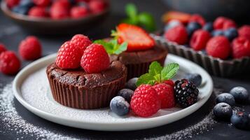 AI generated Indulgent sweet treats like chocolate and berry tarts are beautifully presented for a memorable finale photo