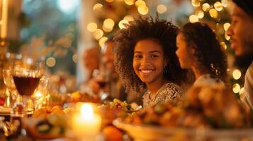 ai generado reconfortante imágenes de familias reunión para un prodigar cena a celebrar foto