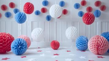 AI generated Clean and uncluttered setting featuring minimalist red, white, and blue decor for Independence Day celebrations photo