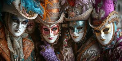 AI generated Dramatic portraits showcasing the elaborate and flamboyant costumes worn by Mardi Gras revelers photo
