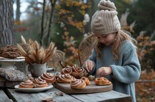 ai generado niña manos fuera masa y canela bollos por mesa debajo arboles foto