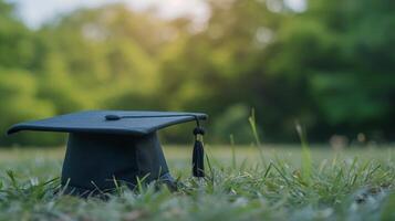 AI generated A minimalist composition highlighting a graduation cap, symbolizing the transition to new beginnings photo