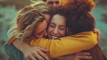 ai generado reconfortante imágenes de amigos abrazando cada otro en un apretado grupo abrazo foto