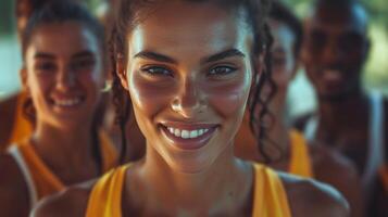 AI generated Athletes flashing cheerful smiles, their eyes gleaming with determination and passion photo