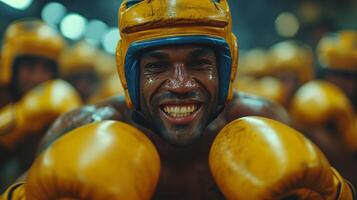 ai generado luchadores exhibiendo su alegría, sonriente brillantemente como ellos cara el cámara foto