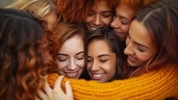 ai generado reconfortante imágenes de amigos abrazando cada otro en un apretado grupo abrazo foto