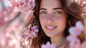 AI generated Her eyes sparkle with delight as she stands amid cherry blossoms photo