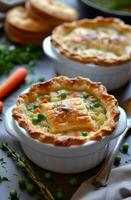 AI generated homemade chicken pot pie in mini bowls photo