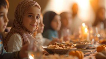 ai generado calentar imágenes capturar familias y amigos viniendo juntos para el noche comida a descanso su rápido foto